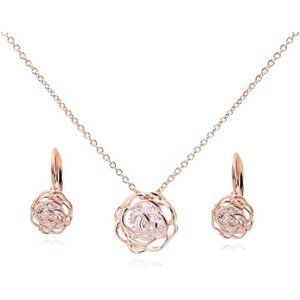 ❤️Women Gold White Crystal Roses Flowers Necklace and Earrings Set for  Women